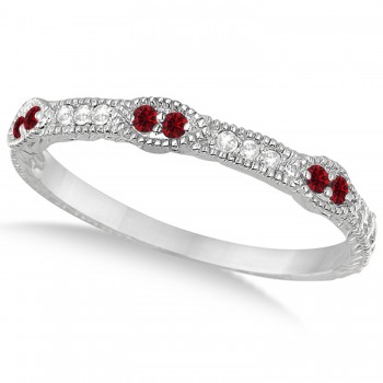 Vintage Stacking Diamond & Ruby Ring Band 14k White Gold (0.15ct)