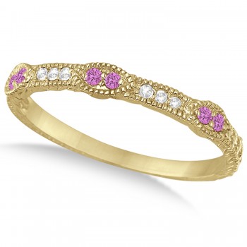 Vintage Stacking Diamond & Pink Sapphire Ring Band 14k Yellow Gold (0.15ct)