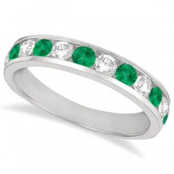 Channel-Set Emerald & Diamond Ring Band 14k White Gold (1.20ctw)