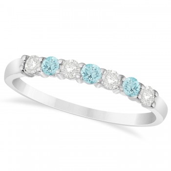 Diamond & Aquamarine 7 Stone Wedding Band 14k White Gold (0.34ct)