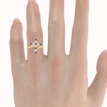 Diamond & Amethyst Religious Cross Twisted Ring 14k Yellow Gold (0.33ct)