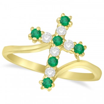 Diamond & Emerald Religious Cross Twisted Ring 14k Yellow Gold (0.33ct)