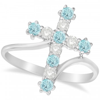Diamond & Aquamarine Religious Cross Twisted Ring 14k White Gold (0.51ct)