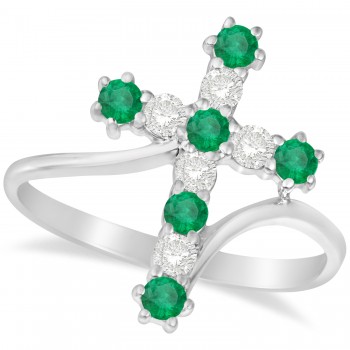 Diamond & Emerald Religious Cross Twisted Ring 14k White Gold (0.51ct)