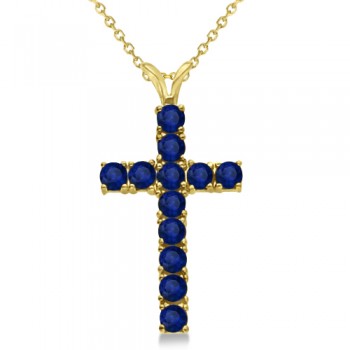 Blue Sapphire Cross Pendant Necklace 14K Yellow Gold (1.92tct)