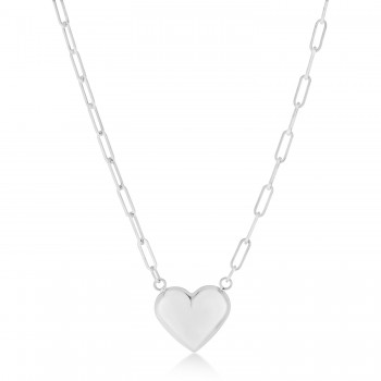 Paperclip Puffed Heart Pendant Necklace 14k White Gold