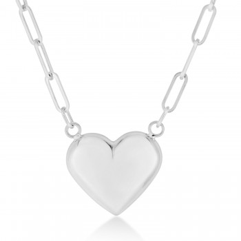 Paperclip Puffed Heart Pendant Necklace 14k White Gold