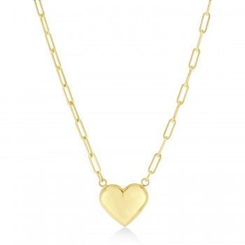 Paperclip Puffed Heart Pendant Necklace 14k Yellow Gold