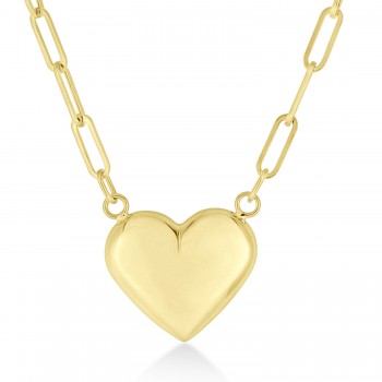 Paperclip Puffed Heart Pendant Necklace 14k Yellow Gold