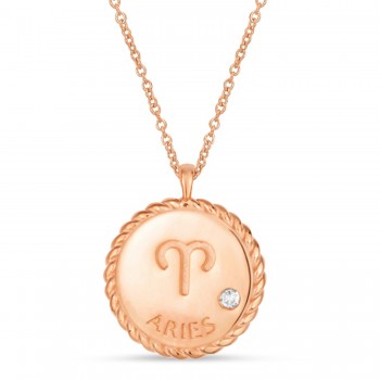 Aries Zodiac Diamond Medallion Disk Pendant Necklace 14k Rose Gold