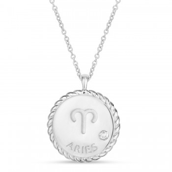 Aries Zodiac Diamond Medallion Disk Pendant Necklace 14k White Gold