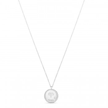 Aries Zodiac Diamond Medallion Disk Pendant Necklace 14k White Gold