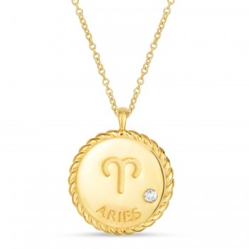 Aries Zodiac Diamond Medallion Disk Pendant Necklace 14k Yellow Gold