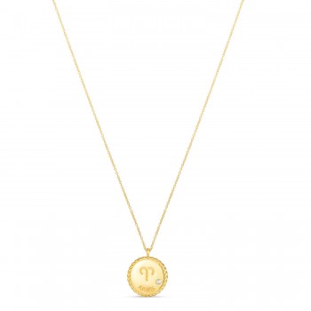 Aries Zodiac Diamond Medallion Disk Pendant Necklace 14k Yellow Gold