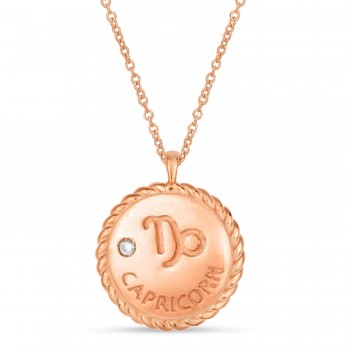 Capricorn Zodiac Diamond Medallion Disk Pendant Necklace 14k Rose Gold