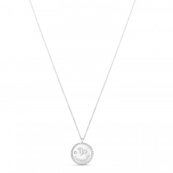 Capricorn Zodiac Diamond Medallion Disk Pendant Necklace 14k White Gold