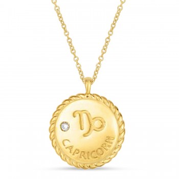 Capricorn Zodiac Diamond Medallion Disk Pendant Necklace 14k Yellow Gold