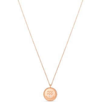 Aquarius Zodiac Diamond Medallion Disk Pendant Necklace 14k Rose Gold