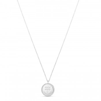 Aquarius Zodiac Diamond Medallion Disk Pendant Necklace 14k White Gold