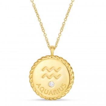 Aquarius Zodiac Diamond Medallion Disk Pendant Necklace 14k Yellow Gold