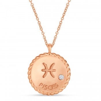 Pisces Zodiac Diamond Medallion Disk Pendant Necklace 14k Rose Gold