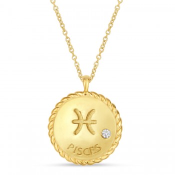 Pisces Zodiac Diamond Medallion Disk Pendant Necklace 14k Yellow Gold