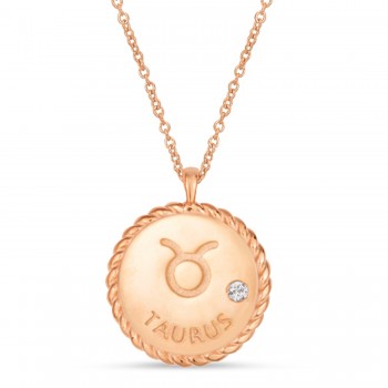 Taurus Zodiac Diamond Medallion Disk Pendant Necklace 14k Rose Gold