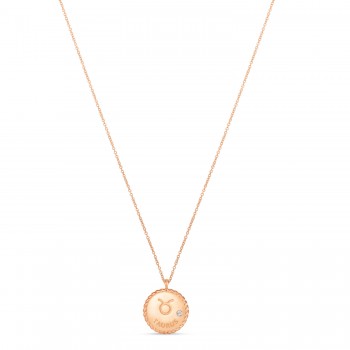 Taurus Zodiac Diamond Medallion Disk Pendant Necklace 14k Rose Gold