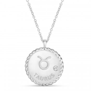 Taurus Zodiac Diamond Medallion Disk Pendant Necklace 14k White Gold