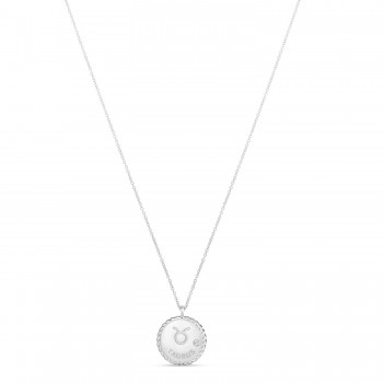 Taurus Zodiac Diamond Medallion Disk Pendant Necklace 14k White Gold