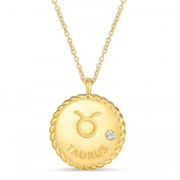 Taurus Zodiac Diamond Medallion Disk Pendant Necklace 14k Yellow Gold