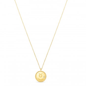 Taurus Zodiac Diamond Medallion Disk Pendant Necklace 14k Yellow Gold