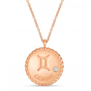 Gemini Zodiac Diamond Medallion Disk Pendant Necklace 14k Rose Gold