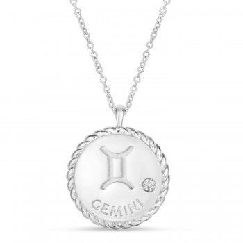 Gemini Zodiac Diamond Medallion Disk Pendant Necklace 14k White Gold