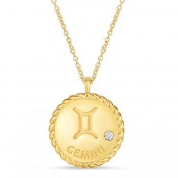 Gemini Zodiac Diamond Medallion Disk Pendant Necklace 14k Yellow Gold