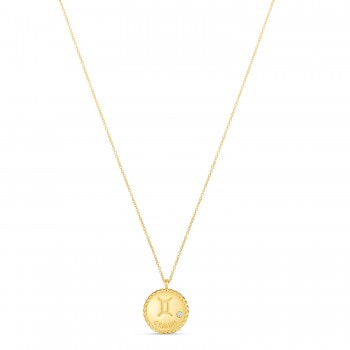 Gemini Zodiac Diamond Medallion Disk Pendant Necklace 14k Yellow Gold