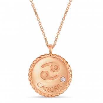 Cancer Zodiac Diamond Medallion Disk Pendant Necklace 14k Rose Gold