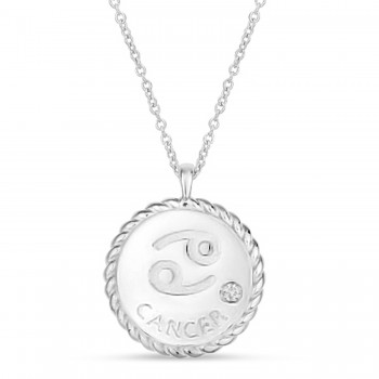 Cancer Zodiac Diamond Medallion Disk Pendant Necklace 14k White Gold