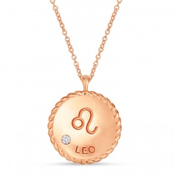 Leo Zodiac Diamond Medallion Disk Pendant Necklace 14k Rose Gold