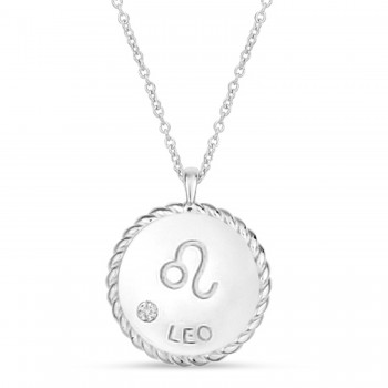 Leo Zodiac Diamond Medallion Disk Pendant Necklace 14k White Gold