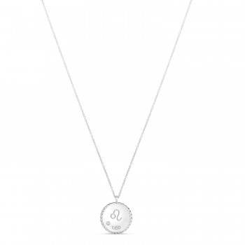 Leo Zodiac Diamond Medallion Disk Pendant Necklace 14k White Gold
