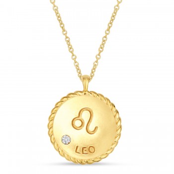 Leo Zodiac Diamond Medallion Disk Pendant Necklace 14k Yellow Gold