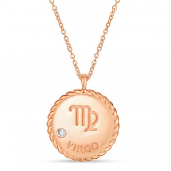 Virgo Zodiac Diamond Medallion Disk Pendant Necklace 14k Rose Gold