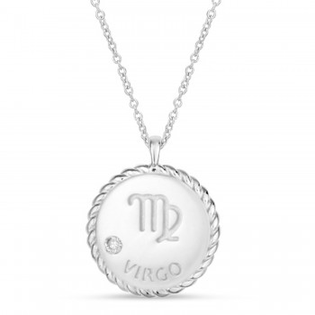 Virgo Zodiac Diamond Medallion Disk Pendant Necklace 14k White Gold