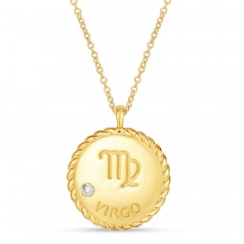 Virgo Zodiac Diamond Medallion Disk Pendant Necklace 14k Yellow Gold