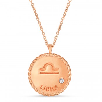 Libra Zodiac Diamond Medallion Disk Pendant Necklace 14k Rose Gold