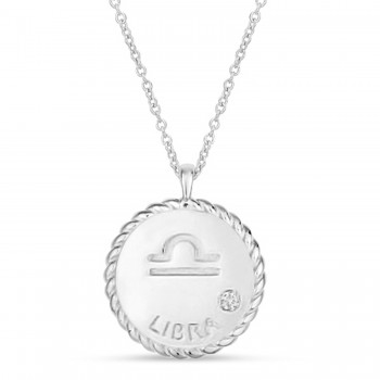 Libra Zodiac Diamond Medallion Disk Pendant Necklace 14k White Gold