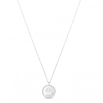 Libra Zodiac Diamond Medallion Disk Pendant Necklace 14k White Gold
