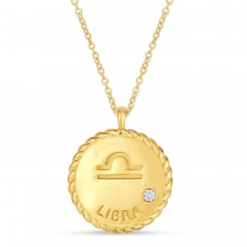 Libra Zodiac Diamond Medallion Disk Pendant Necklace 14k Yellow Gold