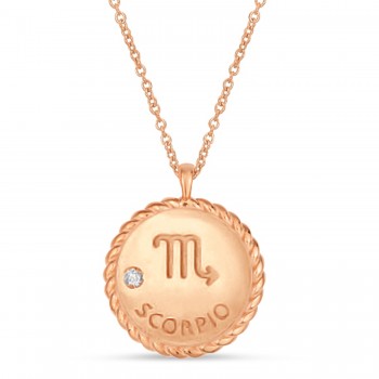 Scorpio Zodiac Diamond Medallion Disk Pendant Necklace 14k Rose Gold